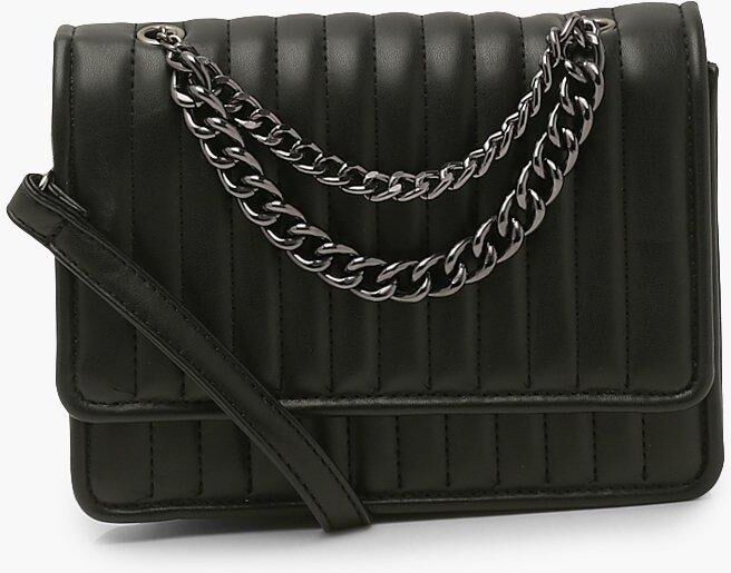 Boohoo Ribbed Chain Detail Shoulder Bag- Black  - Size: ONE SIZE