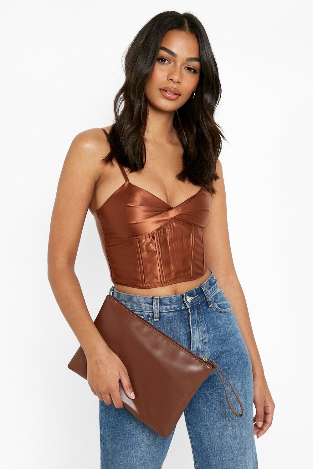 Boohoo Basic Soft Clutch- Brown  - Size: ONE SIZE