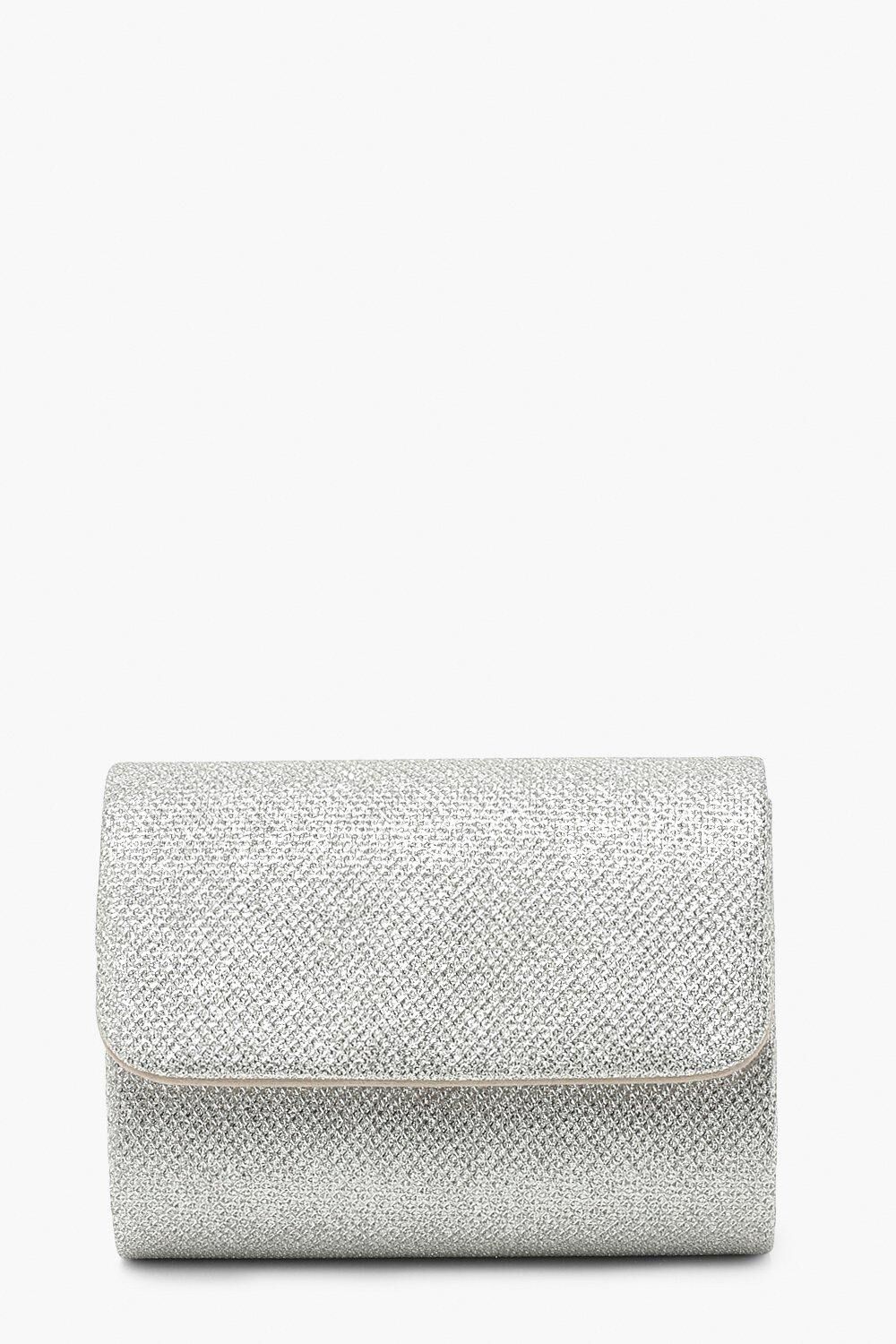 Boohoo Structured Metallic Clutch Bag & Chain- Grey  - Size: ONE SIZE