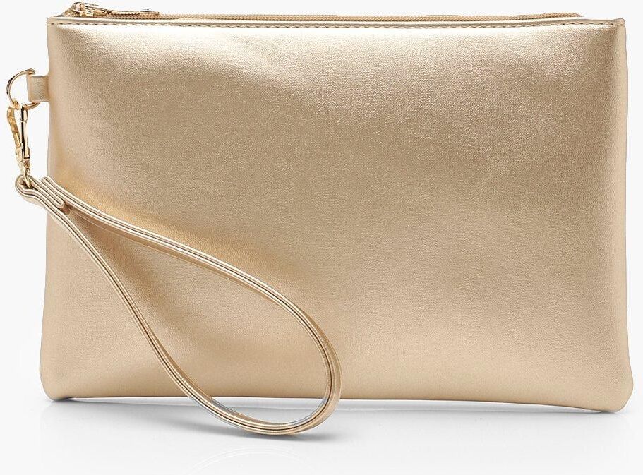 Boohoo Metallic Smooth Pu Zip Top Clutch Bag- Gold  - Size: ONE SIZE