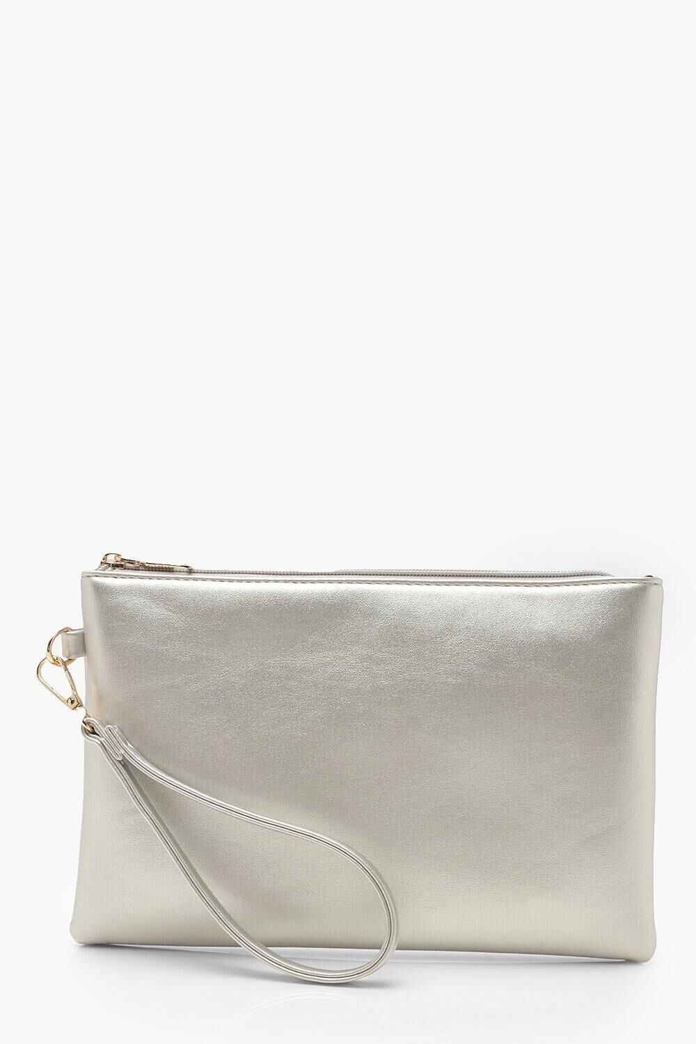Boohoo Metallic Smooth Pu Zip Top Clutch Bag- Grey  - Size: ONE SIZE