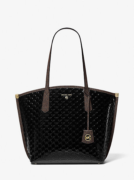 MICHAEL Michael Kors MK Jane Logo Embossed Patent Leather Tote Bag - Black