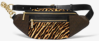 MICHAEL Michael Kors MK Medium Logo and Animal-Print Calf Hair Belt Bag - Brown Multi