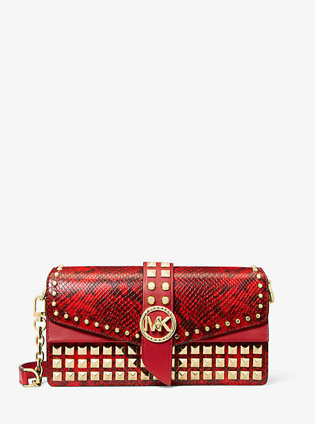 MICHAEL Michael Kors MK Greenwich Medium Studded Snake Embossed Leather Shoulder Bag - Crimson