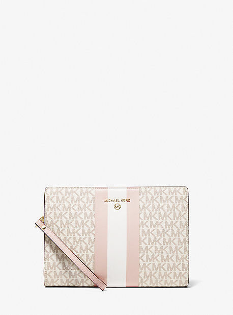 MICHAEL Michael Kors MK Medium Logo Stripe Zip Pouch - Vanilla/soft Pink