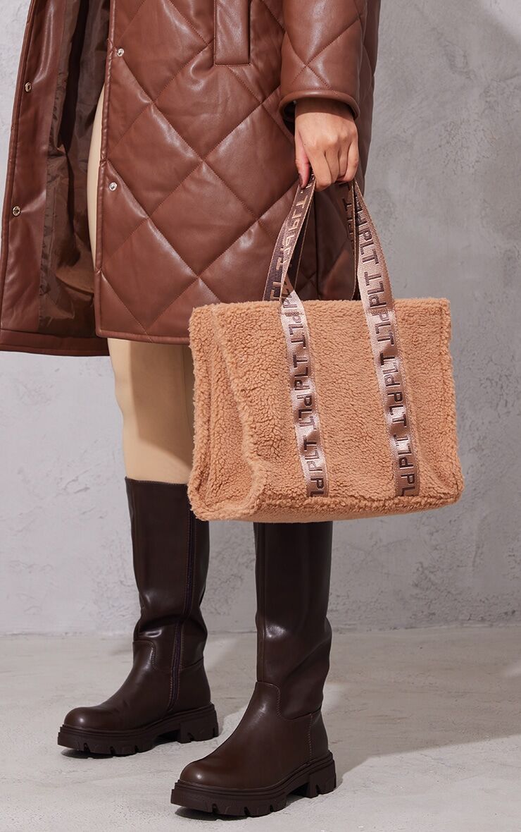 PRETTYLITTLETHING Brown Tape Structured Borg Tote Bag  - Brown - Size: One Size