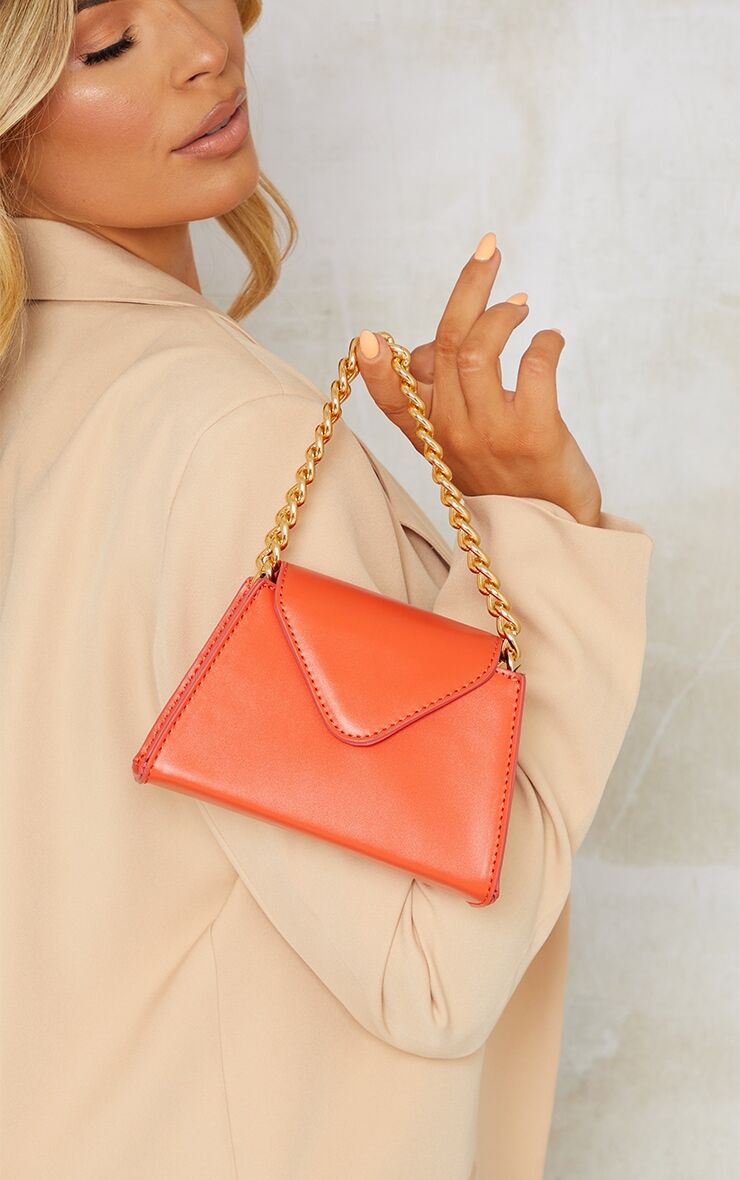 PrettyLittleThing Orange Mini Envelope Gold Chain Grab Bag  - Orange - Size: One Size