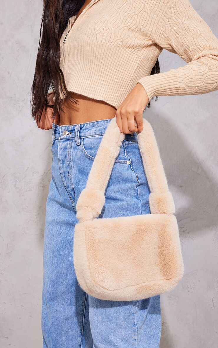 PrettyLittleThing Beige Soft Faux Fur Knot Shoulder Bag  - Beige - Size: One Size