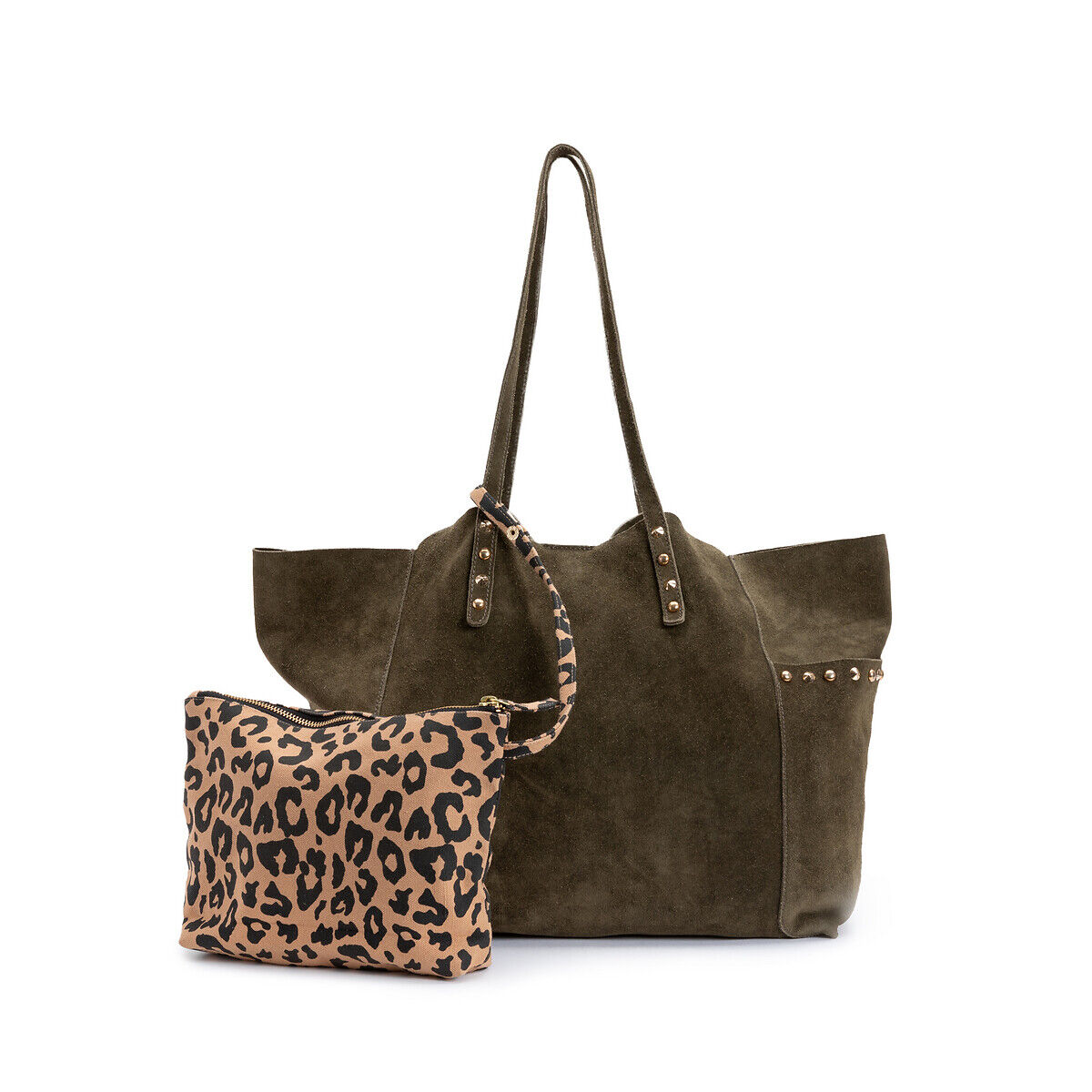 LA REDOUTE COLLECTIONS Shopper aus Leder, kleine Tasche mit Leopardenprint GRÜN