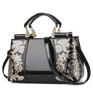 Shoppo Marte Ladies Single Sided Embroidered Shiny Leather Handbag(Black)