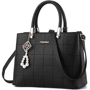 Kvinder håndtaske Skuldertaske Mode Dame PU læder Tote Messenger Bag med plysbold (opgraderet version, sort)