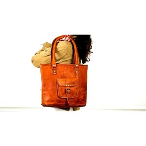 Grand sac à bandoulière en cuir de chèvre véritable Cabas Shopping Marron Sac pour femme - Publicité