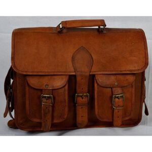 Vintage Goat leather Bags Grand sac d'ordinateur portable en cuir marron rétro pour hommes, porte-documents, sacoche à bandoulière - Publicité