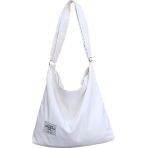 WSLCN Sac Tote Bag en Toile avec Fermeture éclair Sac à Bandoulière Sac Cabas Femme pour Courses Plage Collège Blanc - Publicité