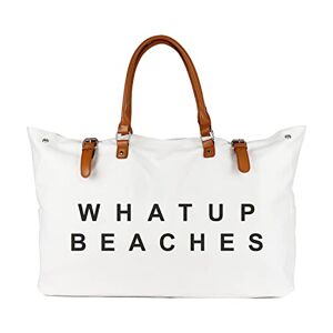 Lamyba Sac de plage avec poignée en cuir végétalien, sac de plage extra large pour femme, imperméable, anti-sable, Whatup Beaches, blanc, Large - Publicité