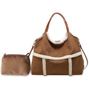 CORIOS Sac à Main en Laine D'agneau pour Femme Sac à Bandoulière Moelleux en Peluche Sacs Portés Épaule en Daim Grande Sac Hobo Sacs Cabas Léger Sac Fourre Tout Sac Messager 2pcs Marron - Publicité