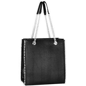 CRAZYCHIC Sac à Main Porté Epaule Chaînes Shopper Clous Billes Perles Métal Argenté Femme Cabas Fourre-Tout Rectangle Cuir Serpent Python Taille Moyenne Ville Shopping Mode Tendance Chic Noir - Publicité