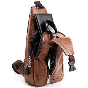 VOHONEY Sac de Poitrine Homme Sacoche à Bandoulière Sacs a Dos Porté épaule Travers Sac Rétro en PU Cuir Étanche Bandoulière avec USB Ports (Homme Sac de Poitrine Brown 3) - Publicité