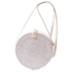 Ulisty Femmes Rond Fait Main Sac en rotin Cercle Tissés à la Main Sac de Paille Panier Sac de Plage d'été Sac d'épaule Sac bandoulière Blanc - Publicité