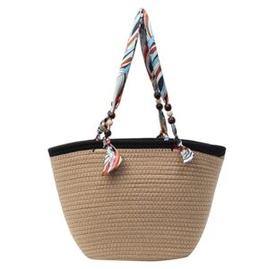 Starnearby Sac de Plage Femme Paille, Sac Cabas en Paille Femme, Tote Bag Sac à Main Tissé, Sac Porté épaule Femme élégant, Sac Fourre-tout Mode Vintage pour Voyage, Date et Vacances - Publicité