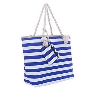 DonDon Sac de plage gros avec fermeture à glissière 58 x 38 x 18 cm style marinière à rayures bleus et blanches Beach bag - Publicité
