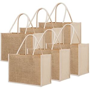 TOPTIE Lot de 6 Sacs fourre-tout réutilisables en jute avec côté en toile, Sac en toile de jute naturelle pour mariage de demoiselle d'honneur avec poignées, Sac de plage - Publicité