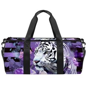 WOSHJIUK Sac de Sport pour Femmes,Petit Sac de Sport pour Hommes,Tigres Blancs Fleurs Violet,Sac de Nuit - Publicité