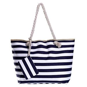 DonDon Grand sac de plage avec fermeture à glissière Sac shopping à bandoulière rayures bleu foncé et blanches - Publicité