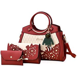 NICOLE & DORIS Sac Porté Main de 3 Pièces Sacs à Main pour Femmes+Portefeuille en Main+Porte Cartes Utilitaires Sac Cabas Sac à Bandoulière avec Pendentif vin Rouge - Publicité