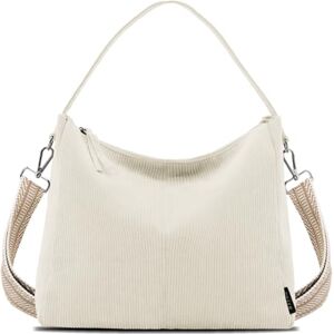 Prite Sac Cabas Femme Tote Bag Sac Fourre Tout en Velours Côtelé Sac Bandoulière Avec Fermeture Éclair et Sangle pour Cours Travail Voyages (Beige) - Publicité