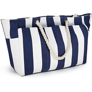 Lubardy Sac de Plage Grand Sacs de Plage Femme XXL Sac Plage Homme avec Fermeture éclair Sac Cabas Femme Extra Large Famille, Rayures Bleu et Blanche - Publicité