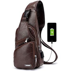 Vohoney Sac de Poitrine Homme Sacoche à Bandoulière Sacs a Dos Porté épaule Travers Sac Rétro en PU Cuir Étanche Bandoulière avec USB Ports, Homme Sac de Poitrine Brun Foncé, M - Publicité