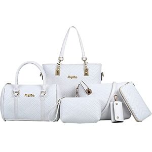 EINYNIUER Femmes Mode 6Pcs Bag Set PU cuir Sac portés main + Fourre-Tout + Sac à Bandoulière + Portefeuille + Titulaire de la Carte Pochettes Clutches Sacs épaule ensemble de sac Shoulder Bag Blanc - Publicité