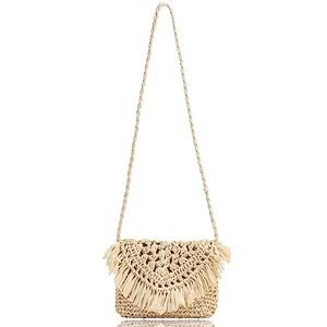 ACTOYS Sac en Paille Plage, Sac en Paille Femme, Sac à pampilles en paille, Petit Sac Bandoulière Femme Paille Tissu, Sac Bandouliere en Crochet, Sac Raphia D'été avec Fermeture éclair (Blanc B) - Publicité