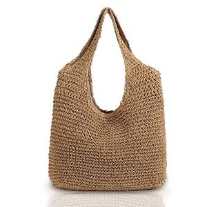 QTKJ Grand sac à bandoulière en paille tissé à la main avec poignée en paille Style bohème rétro été Sac de plage Sac à main en rotin, kaki, 15.3''x 24.4'' - Publicité