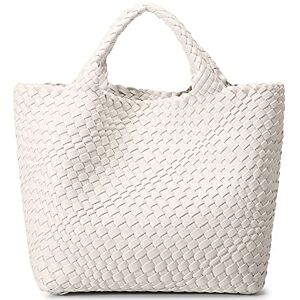 JQTOP Sac tissé pour femme, sac fourre-tout en cuir végétalien, grand sac à main d'été, plage, voyage, sac à main rétro fait à la main, Creamy-white - Publicité