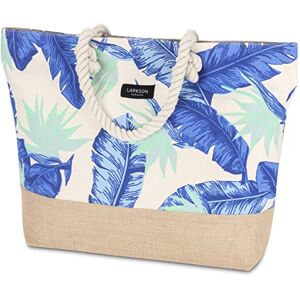 LARKSON Sac de plage Bleu Floral Fourre-tout de Voyage pour Femmes & Hommes Conçu de Toile de Coton & Jute – Sac de Sport avec Larges Cordelettes Grand Sac de Transport avec Fermeture Éclair - Publicité