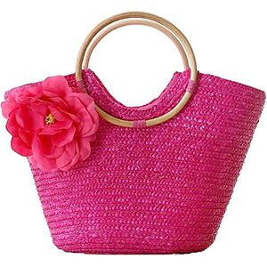 THERESE Sac à main en paille pour femme Sac fourre-tout tricoté à la main Grand sac à main d'été en rotin tissé, rose - Publicité