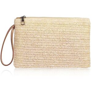 Molain Pochette en paille pour femme Style bohème Sac de plage tissé Sac à main de mer Sac à main à fermeture éclair Sac à main en paille pour femme et fille, beige, 24x16.5x2.4cm - Publicité