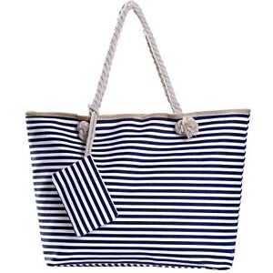 DonDon Grand sac de plage avec fermeture à glissière Sac shopping à bandoulière rayures bleu marine et blanches - Publicité