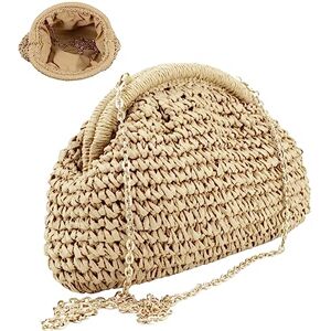 CUCUFA Sac de paille de plage d'été, embrayage de paille pour femmes, sac de pochette de boulet tissé pour la fête de mariage Summer Beach (beige) - Publicité