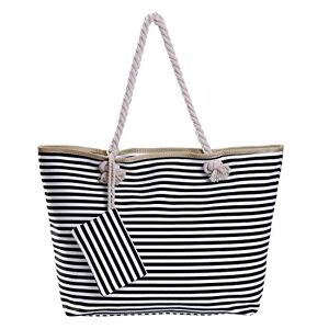 DonDon Grand sac de plage avec fermeture à glissière Sac shopping à bandoulière rayures noires et blanches - Publicité
