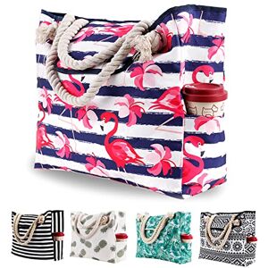 Genovega Grande Sac de Plage en Toile Femme Homme XXL Cabas Sac Shopping Voyage Ete avec Boucle Magnétique, Sacs d'épaule de Natation Sport avec Poignées en Coton Corde, Flamant Rose - Publicité