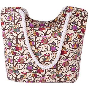 AiSi Sac de plage en toile Sac à bandoulière Avec fermeture éclair Motif chouette Bleu, rose, noir, beige, beige, Einheitsgröße - Publicité