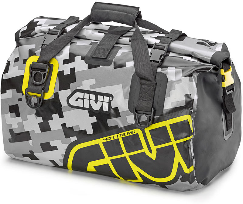 GIVI Easy-T Waterproof - Rotolo portabagagli con tracolla 40 L design mimetico grigio, scritta giallo neon rot