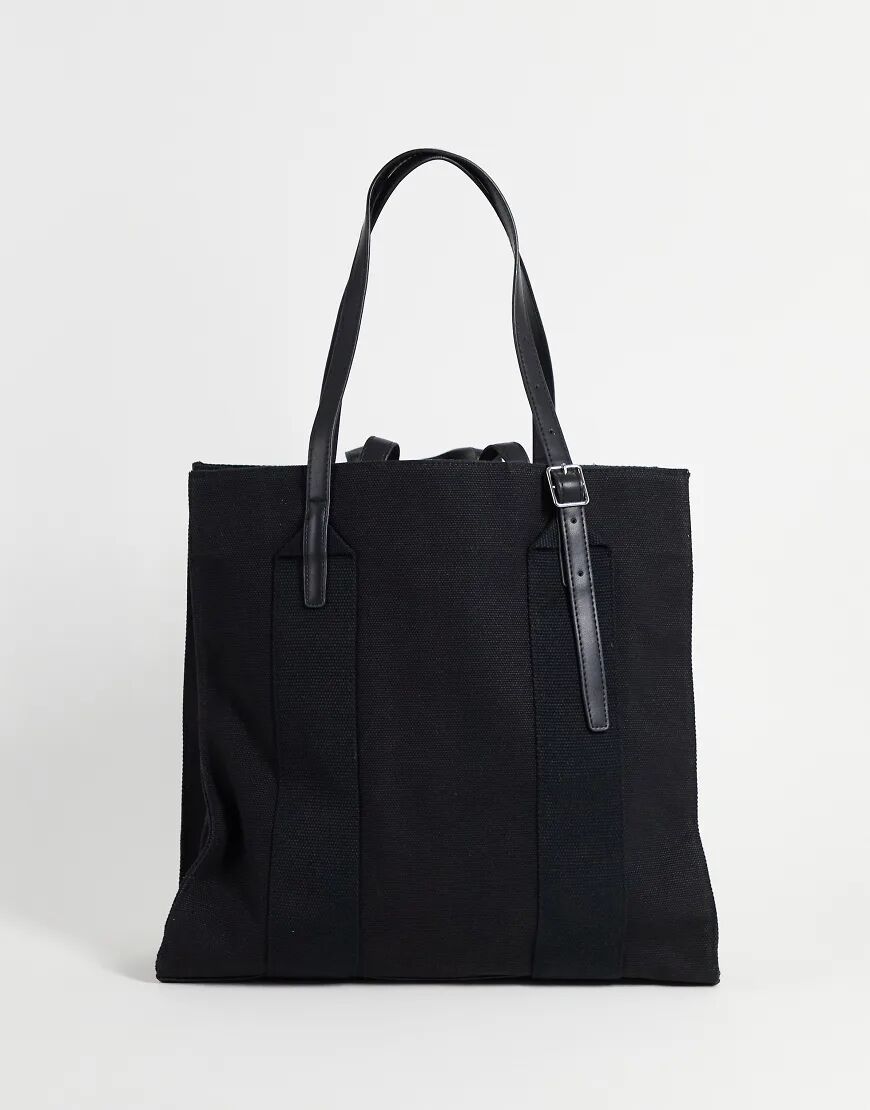 ASOS DESIGN heavyweight canvas tote bag with internal compartments and double strap-Black  Black