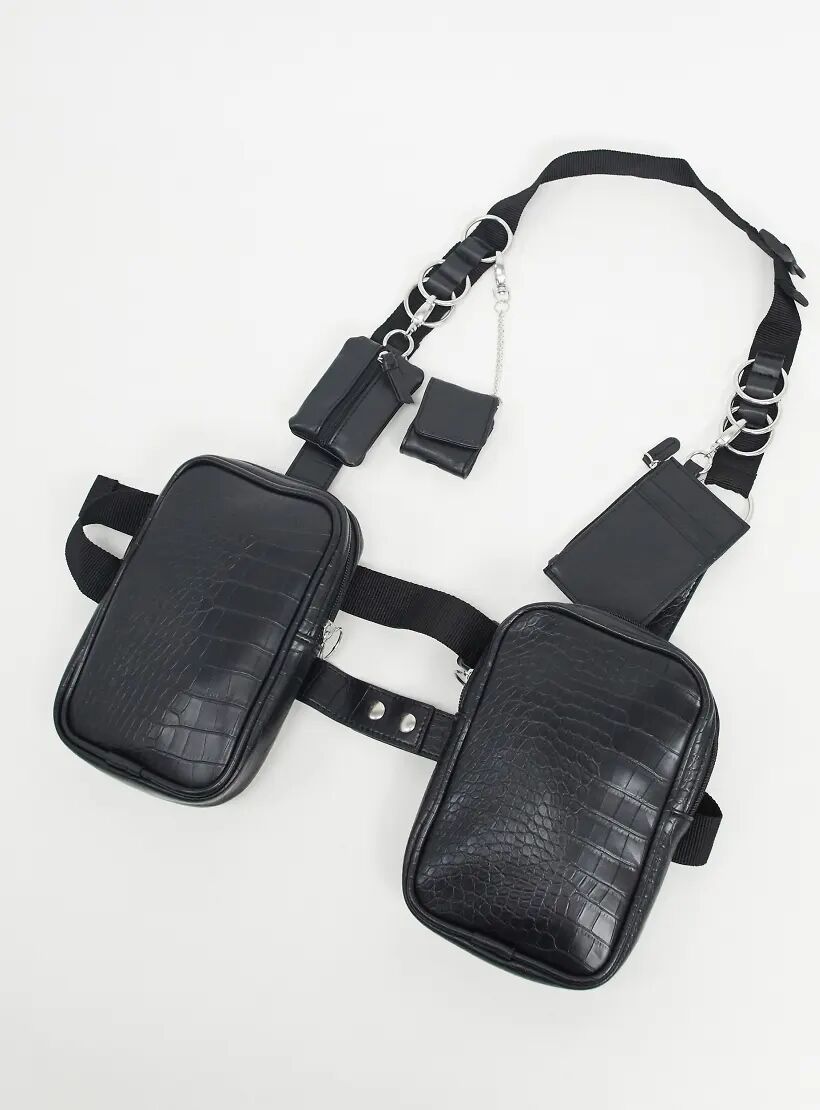 ASOS DESIGN modular chest harness in black faux leather with clip on wallets  Black