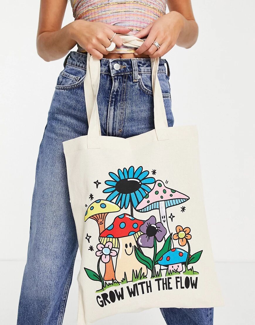 ASOS DESIGN tote bag with mushroom print in natural-Neutral  Neutral