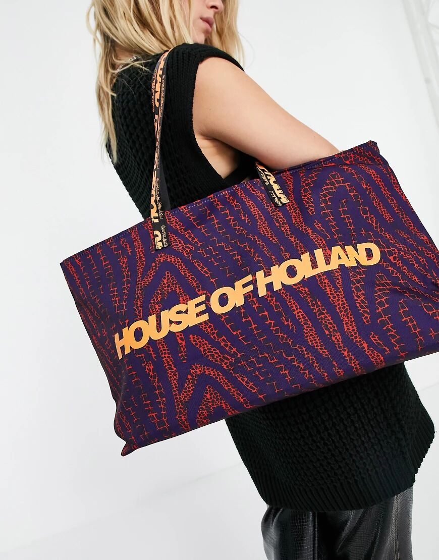 House of Holland large logo printed tote bag in navy and orange-Multi  Multi