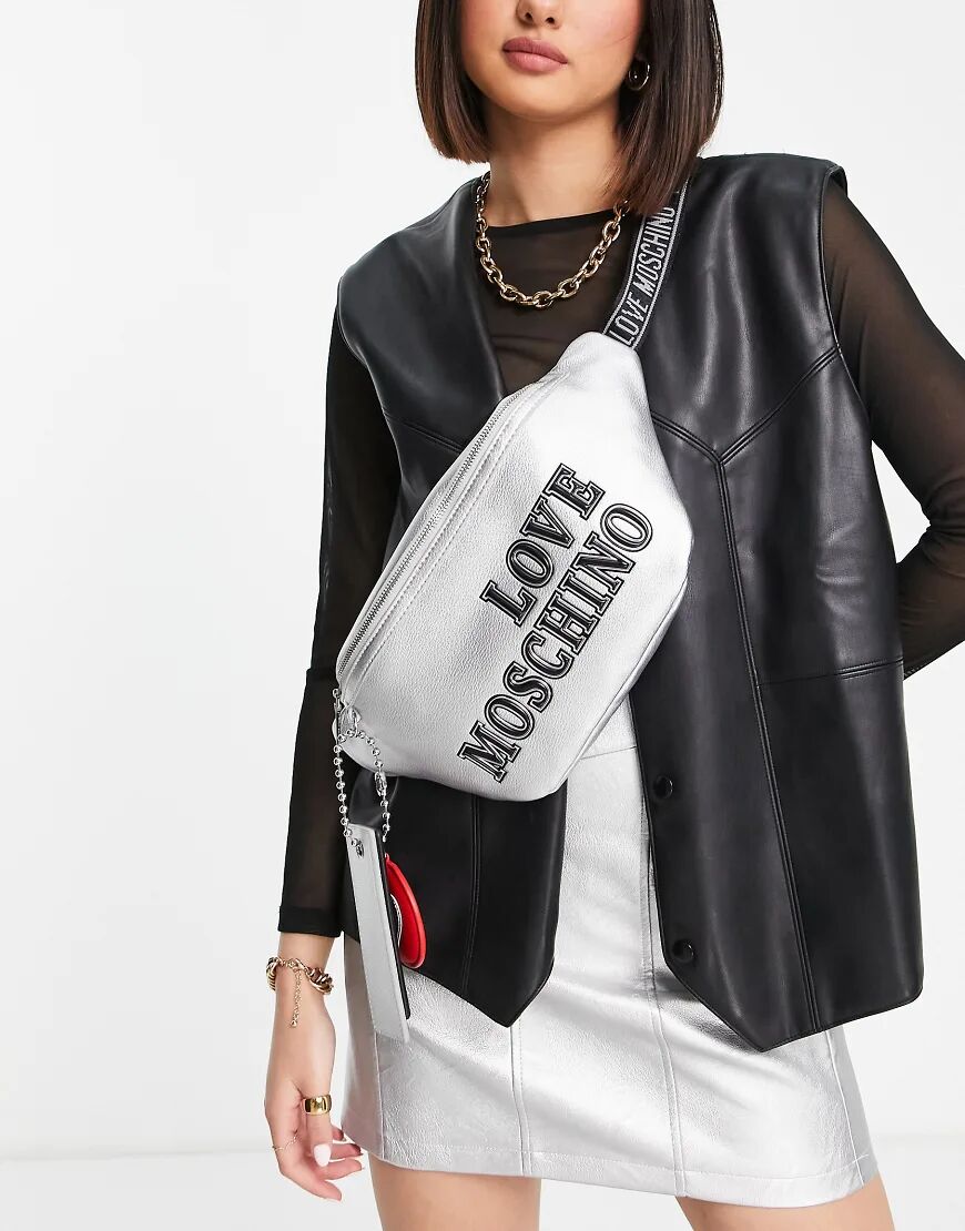 Love Moschino large logo bumbag in silver  Silver